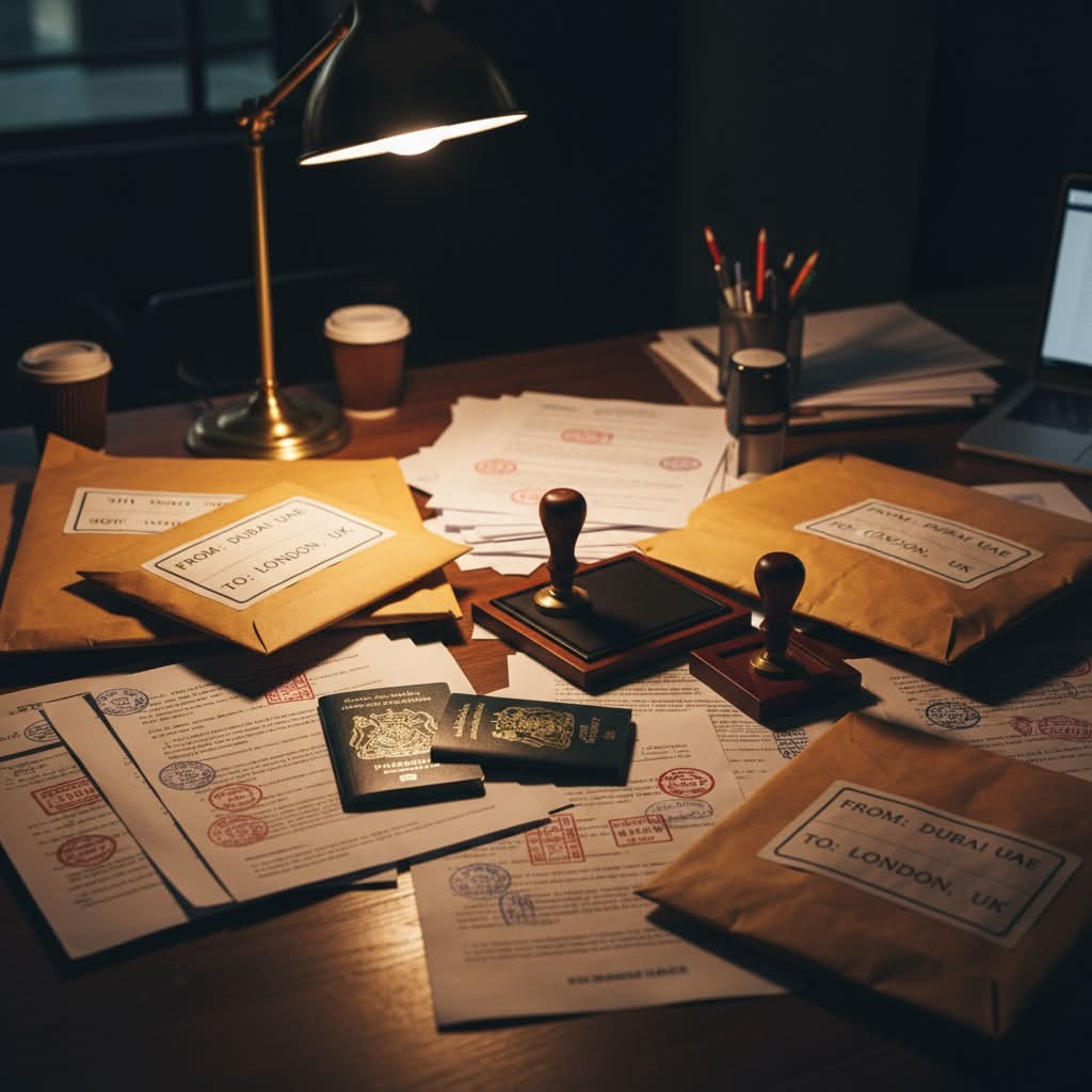 Desk covered with documents, passports, stamps and envelopes being processed